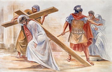 BARCELONA, SPAIN - MARCH 5, 2020: The fresco Simon of Cyrene helps Jesus carry the cross in the...