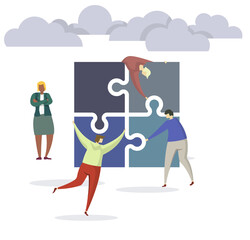 Business flat team building concept. Team puzzle metaphor. People connect puzzle elements. Flat illustration