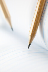  Closeup of sharp graphite pencil on white paper of notebook.  Concept of The National Day of Knowledge or International literacy day.