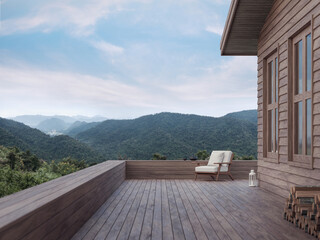 The balcony of the small house on the mountain in the evening House made of wood With a white cloth chair Overlooking the panoramic nature,3d render