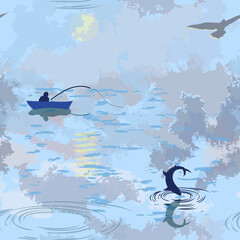 Vector EPS 10 seamless pattern Fishing on Sunrise on the Lake. There are 2 companion patterns - Fisherman in a Boat on white background and and Birds in the Sky on blue background.  
