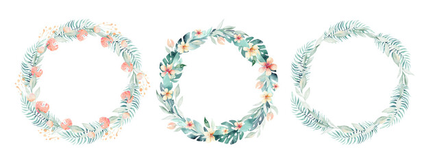 Obraz premium Flower watercolor tropical wreath set with jungle flowers AMARYLLIS and leaves. Wedding ANTHURIUM romantic tropic frame. Invitation design