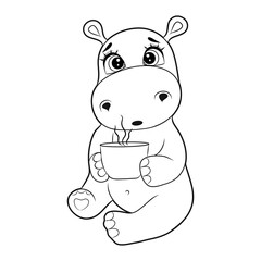 Black and white coloring book for children. Vector illustration. Hippopotamus drinking tea