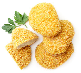Frozen cutlets whole and half on white background, isolated. The view from top