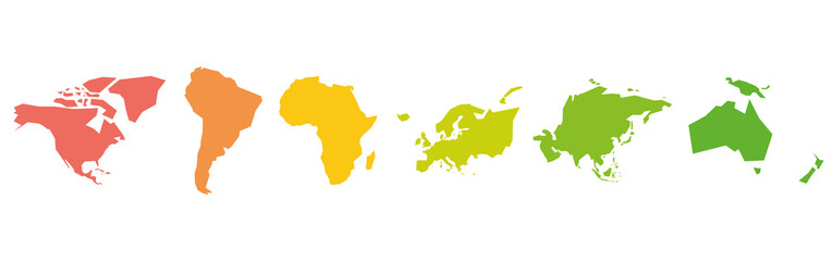Silhouettes of World continents in different colors. Simple flat vector illustration