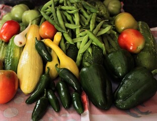 garden vegetables with cucumbers tomatoes green beans squash and peppers