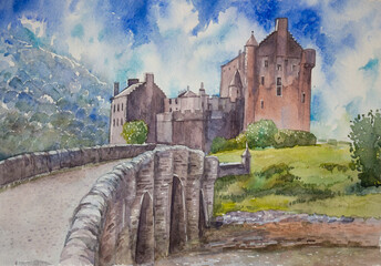 Drawing of the ancient medieval Eilean Donan castle and the old bridge in Scotland. Watercolor drawing for design of souvenirs.