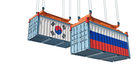 Freight containers with Russia and South Korea flag. 3D Rendering 