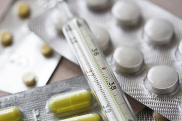 medical medicines and thermometer, means for temperature