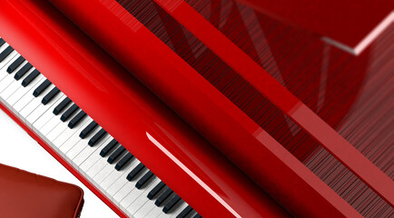 Musical design.3d illustration.Close-up red grand piano keyboard keys background.