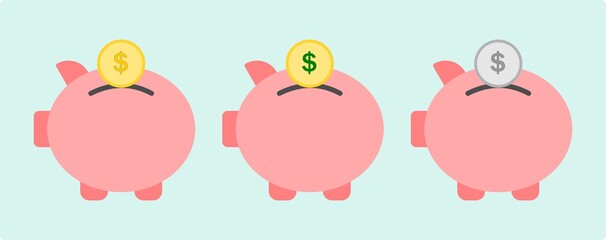 Pink piggy bank vector icon set.