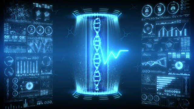 DNA helix molecule loop animation. DNA chromosome concept. Hologram elements of digital data chart. Medical Infographic. High tech future design.
