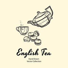Teapot, cup and macaroons black line hand drawn vector illustration in old style for cafe menu, logo, banner, flayer, coffee shop, sticker, flyer. Black and white tea or coffee time illustration