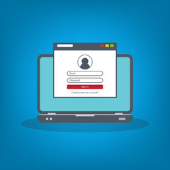 Login page on laptop screen. Notebook and online login form, sign in page. User profile, access to account concepts.