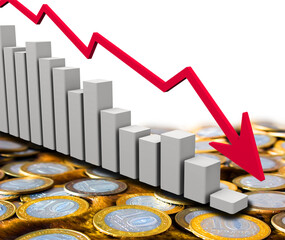 Graph of falling income in Russian rubles. Chart of falling with red arrow on the surface of Russian coins. 3D Illustration