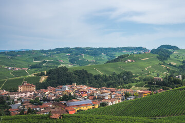 Fototapeta na wymiar The small town of Barolo nestled amongst vineyards in the Langhe region of Piedmont