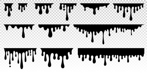 Obraz premium Black dripping paint, melting chocolate or drip of oil. Set of abstract liquid stain elements. Flat vector illustration of splash ink flows