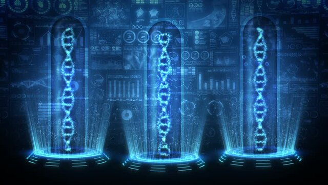 DNA helix molecule loop animation. DNA chromosome concept. Hologram elements of digital data chart. Medical Infographic. High tech future design.