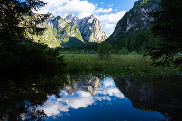 Mountain landscape with beautiful new and lighting near Lake Dobbiaco on the Italian Dolomites