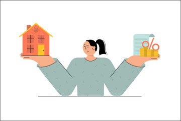 Woman Choosing to buy New House with mortage. Money investment to real estate concept vector illustration