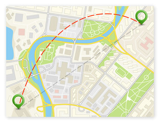 City map navigation delivery route, color check point markers design background, drawing schema, city plan GPS navigation itinerary destination arrow paper city map. Route delivery check point graphic