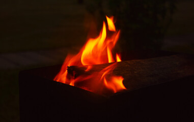 A picnic in the open air in a country house. Fire in the grill at night.