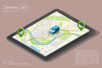 City map navigation route, phone point delivery van, isometric schema itinerary delivery car, city plan GPS navigation, itinerary destination arrow city map. Route delivery truck check point
