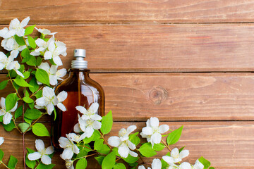 Fototapeta premium Perfume. Essential oil. Dark glass jar. Natural cosmetic. Natural perfume. Floral background.Bottle with fragrant water.