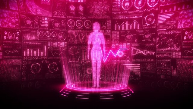 Woman virtual body. Human medical hologram animation. Graph, Diagram, Infographic. Medicine and health care concept. User Interface. High tech future loop animation.