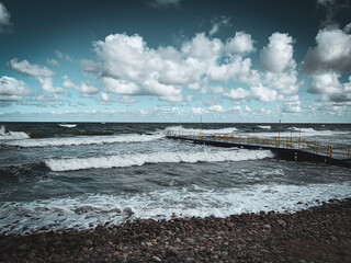Wooden groynes lead as breakwaters into the Baltic Sea