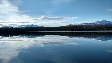 reflection of clouds and mountains in lake