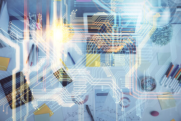 Double exposure of map hologram drawing over study table background with computer. Concept of international network. Top view.
