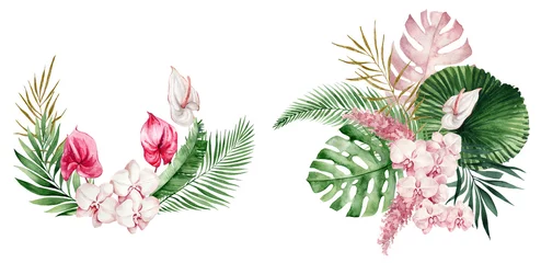 Selbstklebende Fototapeten watercolor illustration of tropical leaves, branche, fern and pink flowers.  Botanical watercolor illustrations, floral elements, roses, protea, orchid and calla lilies © Anastasiia