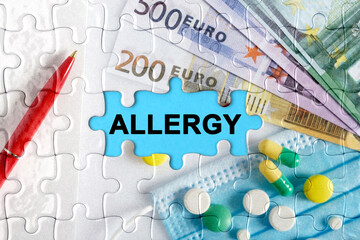 Double exposure. Puzzles with the image of pills, medical mask, pens and euro with the inscription - ALLERGY