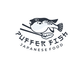 Puffer fish and chopsticks, japanese food, logo design. Fish, animal, food and restaurant, vector design and illustration © artsterdam