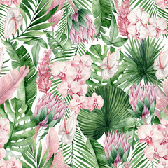 Watercolor seamless pattern with tropical leaves and pink flowers. Summer decoration print for wrapping, wallpaper, fabric. Hand drawn illustration