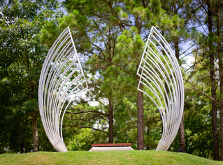A picnic table as a sculpture in a public park in the Woodlands, TX.