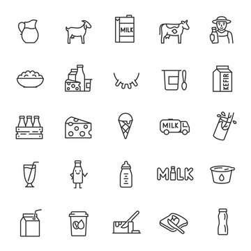 Milk, dairy products, icon set. Cream, butter, cheese, infant formula, yogurt, etc. linear icons. Line with editable stroke