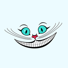 Vector illustration of cheshire cat.Alice in Wonderland. The face of the cat. The head of a cat with a big mustache. Cheshire cat smile. Flat.  - obrazy, fototapety, plakaty