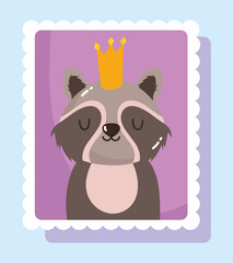 cute raccoon with crown animals cartoon postage mail stamp