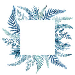 watercolor illustration, frame of blue fern and tropical leaves. Template for a wedding invitation.