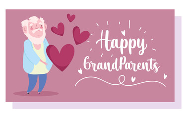 happy grandparents day, cute bearded grandpa with hearts cartoon card