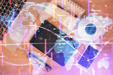 Double exposure of business theme hologram over desktop with phone. Top view. Mobile international trade connection concept.