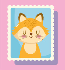 cute little fox animals cartoon postage mail stamp