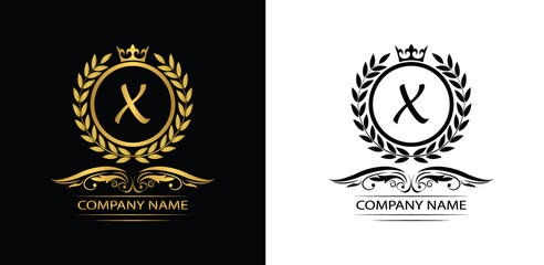Golden Letter X laurel wreath template logo Luxury letter with crown. Monogram alphabet . Beautiful royal initials letter.	
