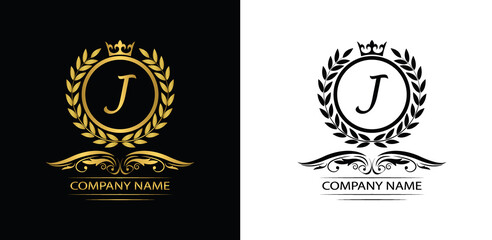 Golden Letter J laurel wreath template logo Luxury letter with crown. Monogram alphabet . Beautiful royal initials letter.	
