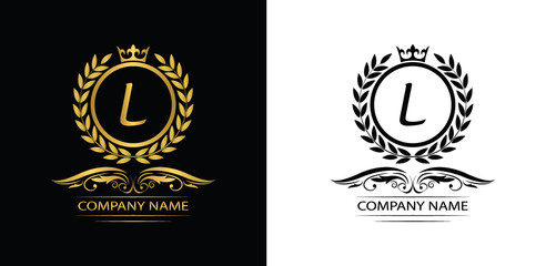 Golden Letter L laurel wreath template logo Luxury letter with crown. Monogram alphabet . Beautiful royal initials letter.	
