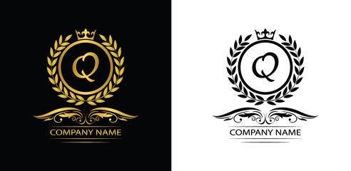 Golden Letter Q laurel wreath template logo Luxury letter with crown. Monogram alphabet . Beautiful royal initials letter.	
