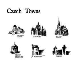 Fototapeta premium Czech Towns Black Hand Illustration 