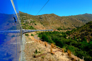 The famous luxury Blue Train snaking through the Karoo in South Africa, from Pretoria to Cape Town